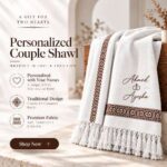 Customized white wool shawl with brown border