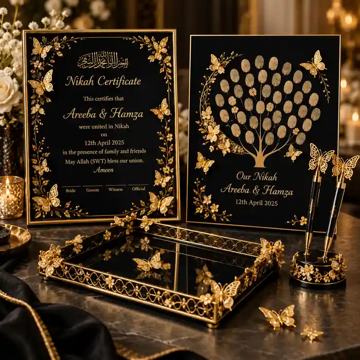 Golden butterfly print nikah certificate frame with thumb board, Nikkah pens and Nikkah tray