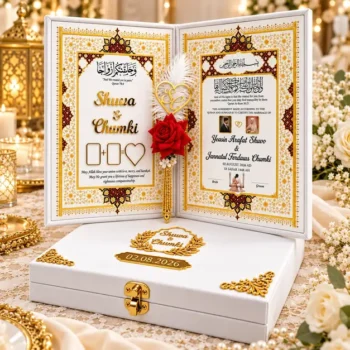 Luxury maroon velvet Nikah Book with golden accents by Al Madina Studio