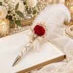 White feather Nikah pen with gold heart charm and red rose