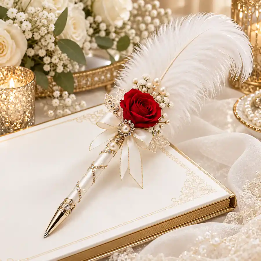 White feather Nikah pen with gold heart charm and red rose